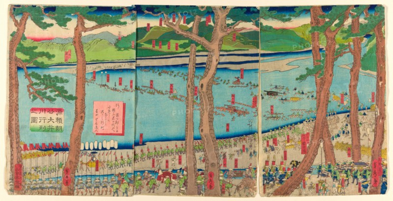 Procession of Minamoto no Yoritomo across the Oi River (Minamoto Yoritomo ko Oikawa gyoretsu zu), 1863. Entourage of the Shogun Minamoto no Yoritomo.