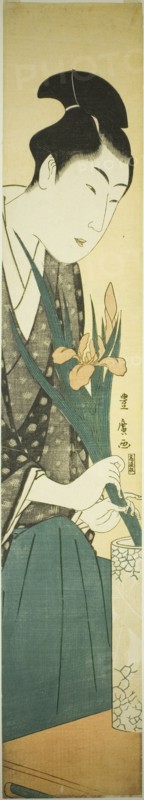 Young man arranging irises in a vase, n.d.