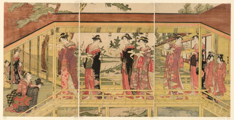 A procession of women holding shimadai decorations, c. 1789/1801.