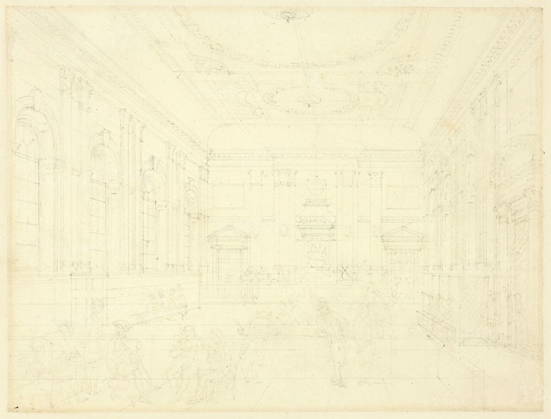 Study for South Sea House, Dividend Hall, from Microcosm of London, c. 1810.