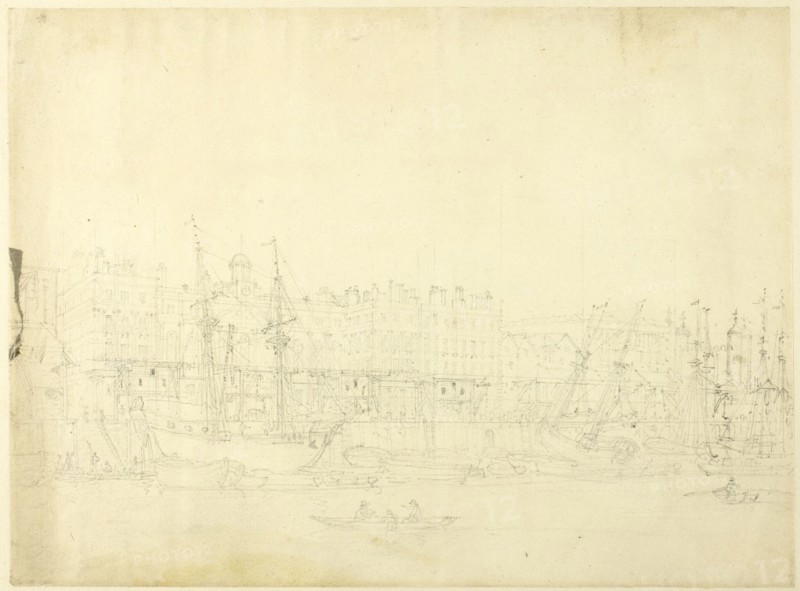 Study for Custom House, from the River Thames, from Microcosm of London, c. 1808.