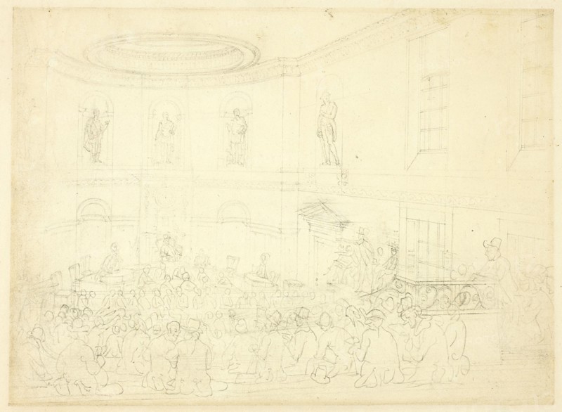 Study for India House, the Sale Room, from Microcosm of London, c. 1809.