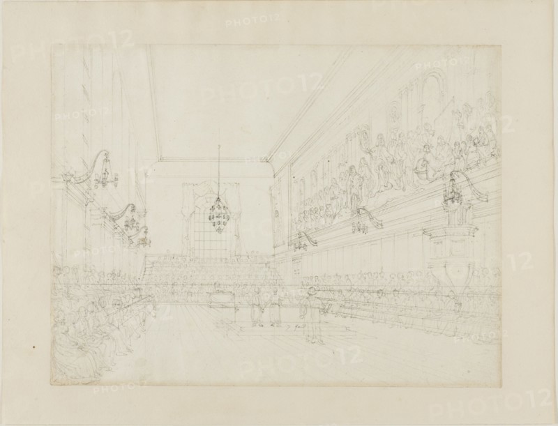 Study for The Hall, Blue Coat School, from Microcosm of London, c. 1808.