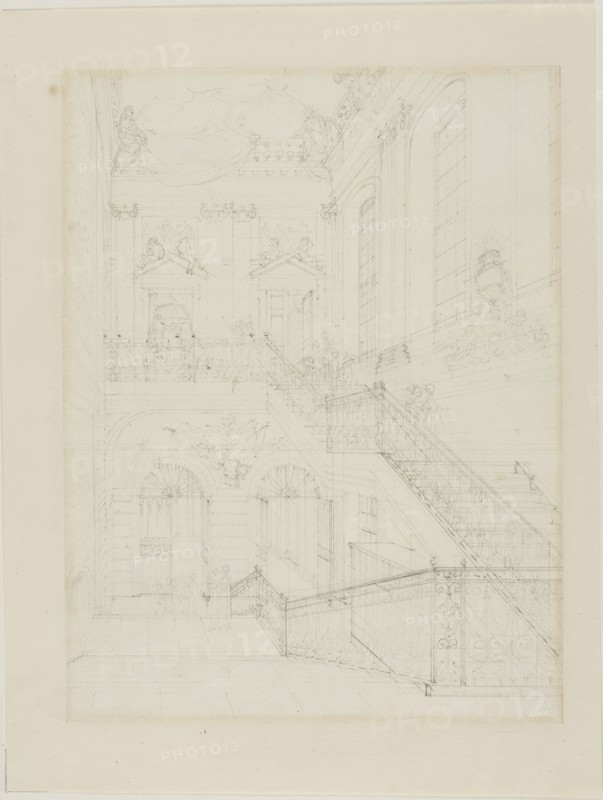 Study for The Hall and Staircase, British Museum, from Microcosm of London, c. 1808.