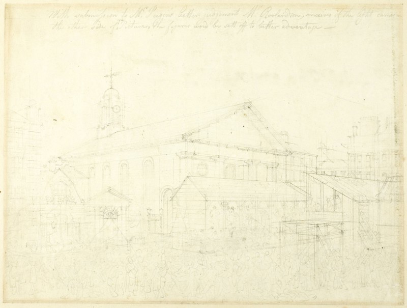 Study for Covent Garden Market, Westminster Election, from Microcosm of London, c. 1808.