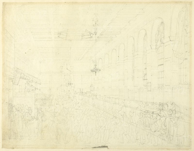 Study for The Long Room, Custom House, from Microcosm of London, c. 1808.