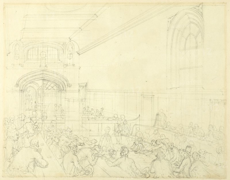 Study for Guild Hall, Examination of a Bankrupt Before His Creditors, from Microcosm of London, c. 1808.