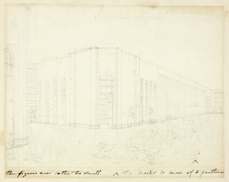 Study for St. Luke's Hospital, from Microcosm of London, c. 1809.
