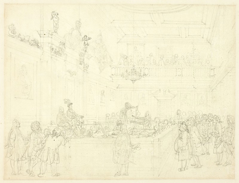 Study for Herald's College, The Hall, from Microcosm of London, c. 1808.