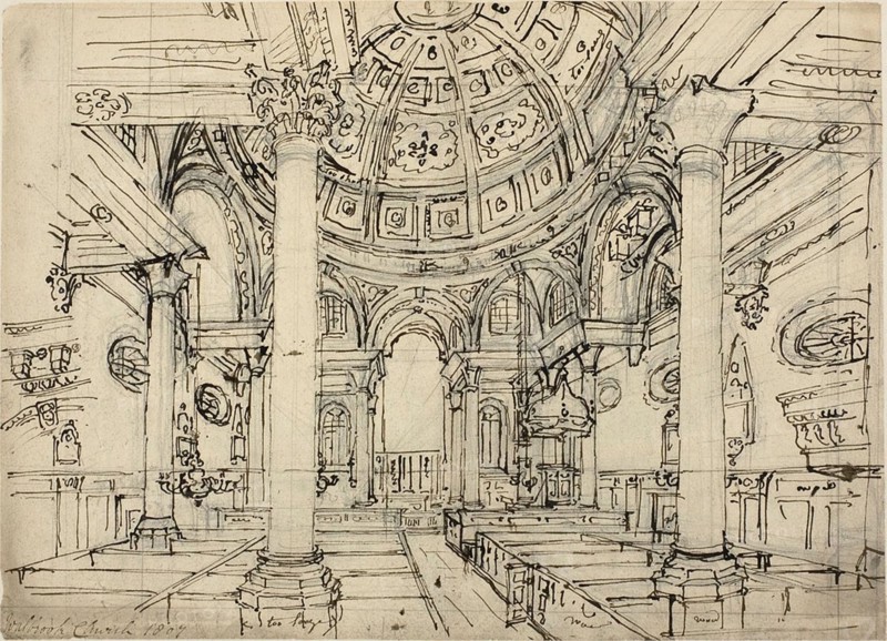 Study for Walbrook Church (recto); Sketches of Sailboats, Men and Dinghies (verso), 1807 (recto); c. 1807 (verso).