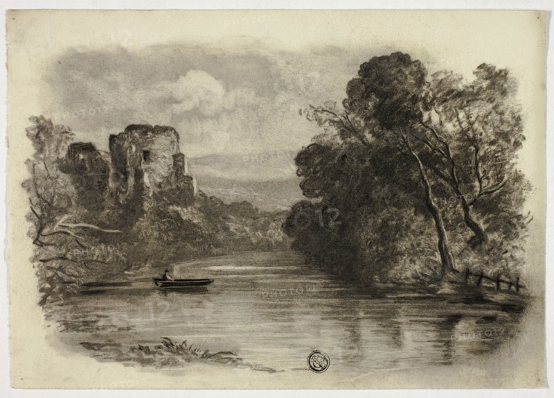 River with Castle Ruin and Boat II, c. 1855.