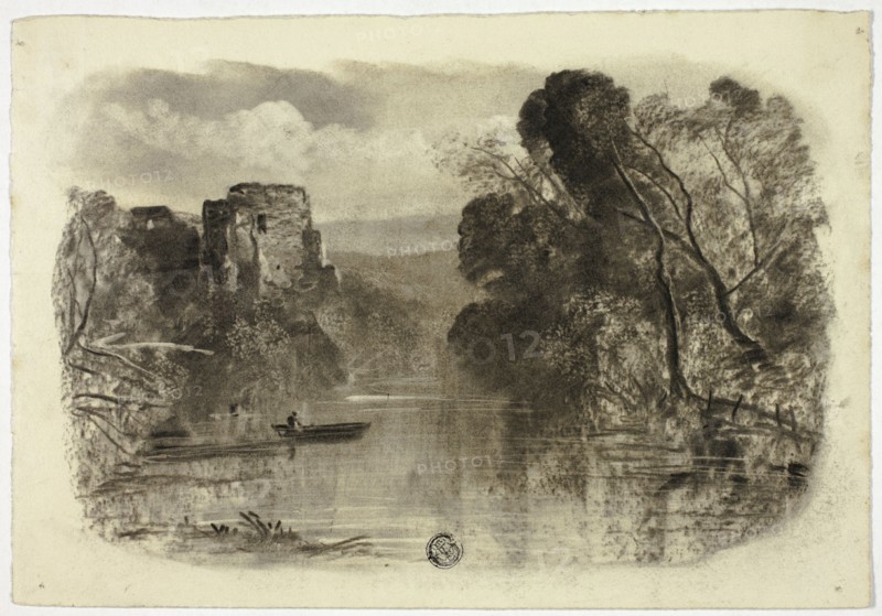 River with Castle Ruin and Boat I, c. 1855.