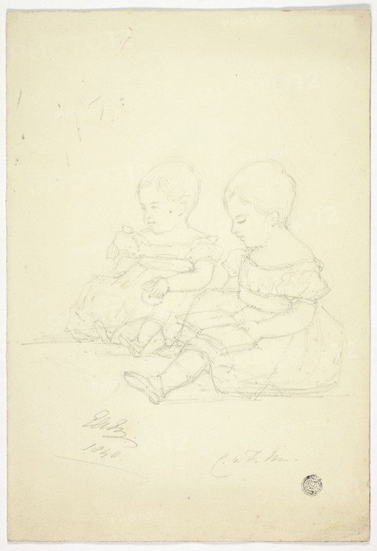 Two Seated Baby Girls (recto), a Still Life, and Two Animals (verso), 1840.