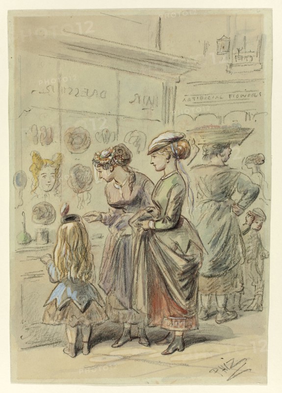 Two Ladies and Little Girl Before Hairdresser's Shop, n.d.