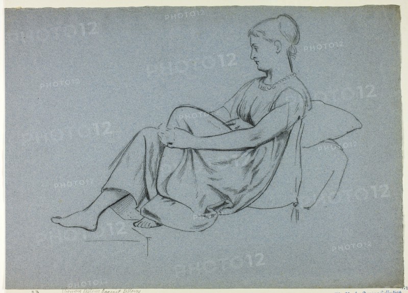 Woman Resting Against Pillows Clasping Her Knee, n.d.