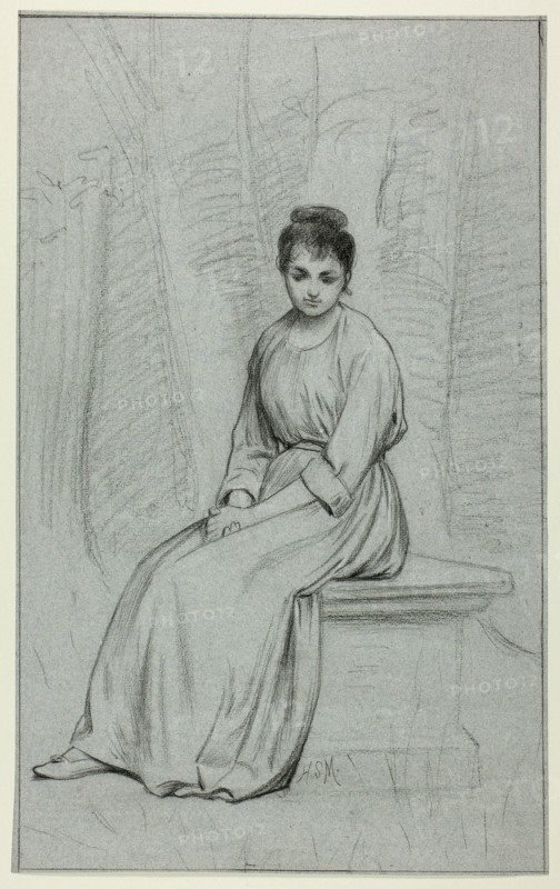 Woman Resting on Stone Bench, n.d.