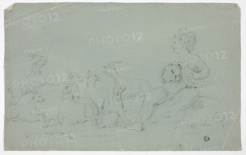 Antique Bas-Relief with Seated Boy Holding Falcon and Accompanied by Dog, Sheep, and Goats, 1774.