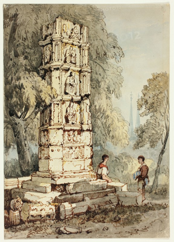 Two Figures Beside Medieval Ruins, with Church in Distance, n.d.