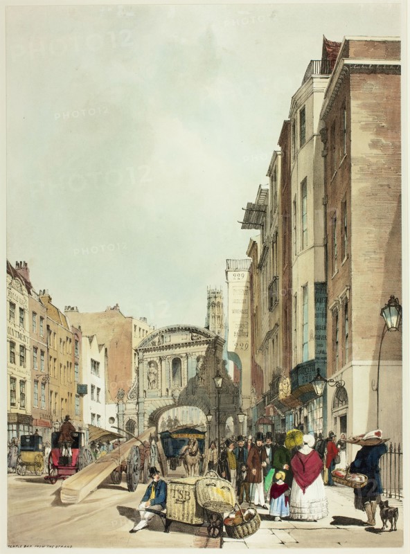 Temple Bar from The Strand, plate 22 from Original Views of London as It Is, 1842.