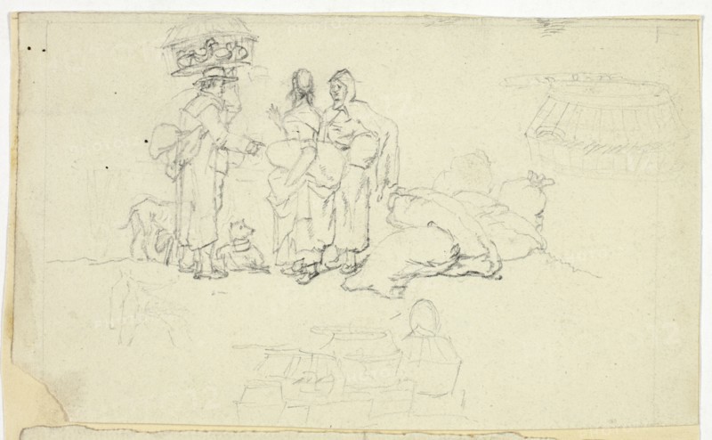 Figures with Market Goods and Three Sketches, n.d.