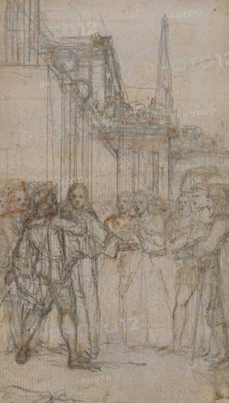 Literary Illustration: Man with Sword Confronting Group of Figures Before Building, n.d.