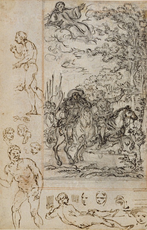 Study for Vignette in Voltaire's "La Pucelle d'Orleans", with Sketches of Heads and Nude Figures, c. 1762.