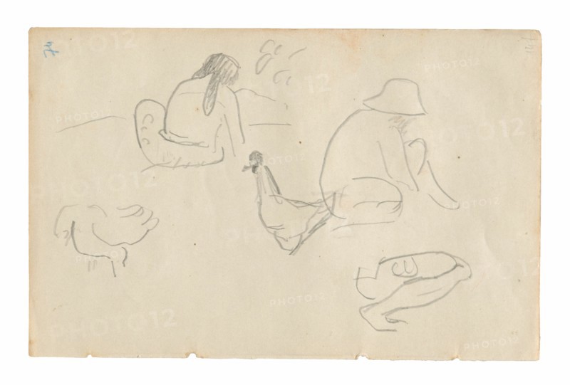 Sketches of Seated Figures and Chickens (recto), Nude Female Torso (related to the painting Te a no areois [The Seed of the Areoi]) (verso), from the Carnet de Tahiti (Tahitian sketchbook), 1891/93.