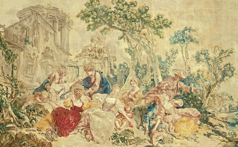 The Bird Catcher, from The Noble Pastoral, Beauvais, 1778/80. Woven at the Manufacture Royale de Beauvais under the direction of André Charlemagne Charron, after a cartoon by François Boucher. Detail from a larger artwork.