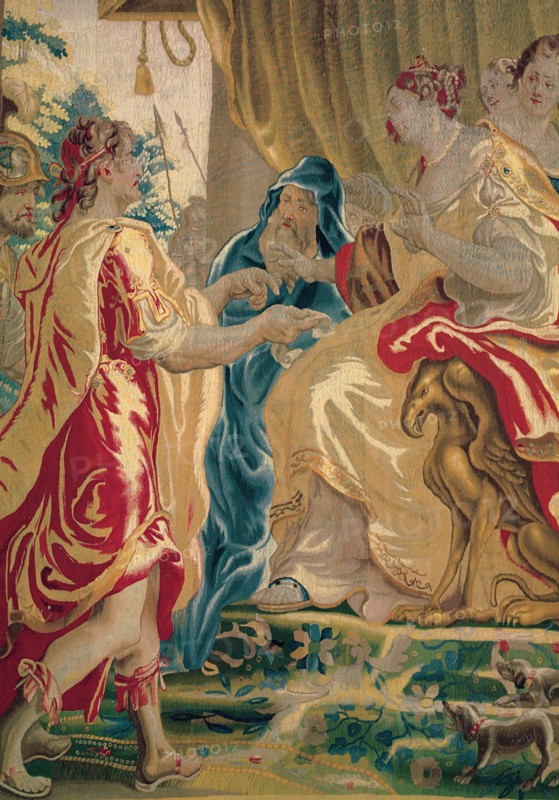 Caesar Sends a Messenger to Cleopatra, from 'The Story of Caesar and Cleopatra', Flanders, c. 1680. Woven at the workshop of Willem van Leefdael, after a design by Justus van Egmont. Detail from a larger artwork.