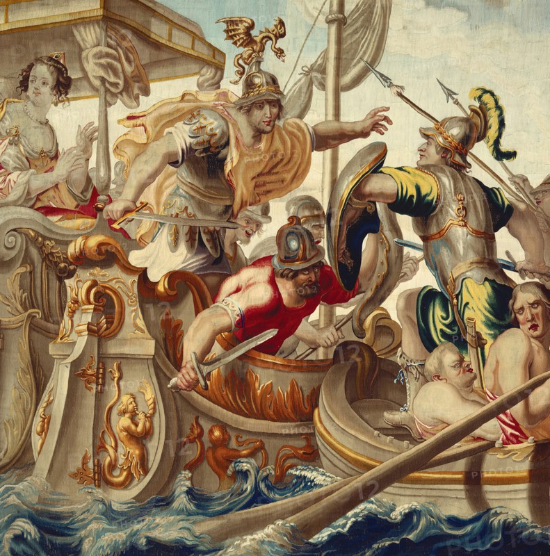 The Battle of Actium, from 'The Story of Caesar and Cleopatra', Brussels, c. 1680. Woven at the workshop of Willem van Leefdael, after a design by Justus van Egmont. Detail from a larger artwork.