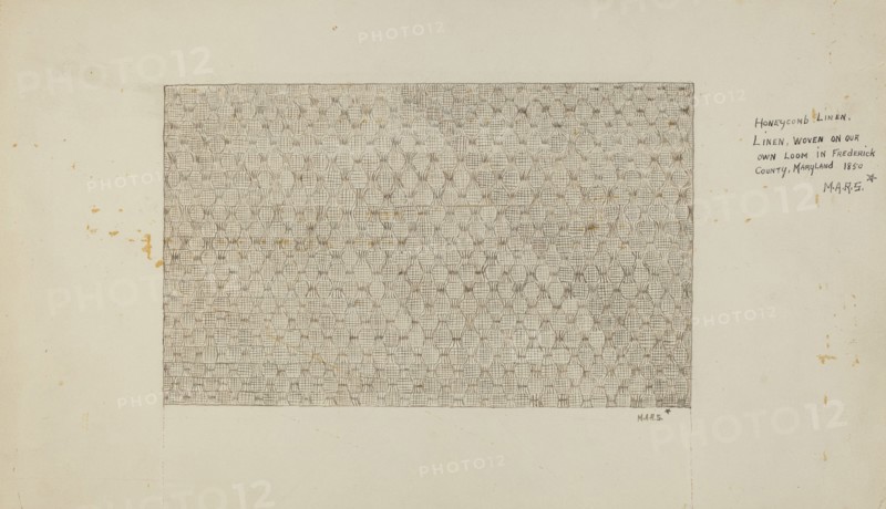 Coverlet, c. 1936. (Note on image: "Honeycomb Linen, woven on our own loom in Frederick County, Maryland. 1850").