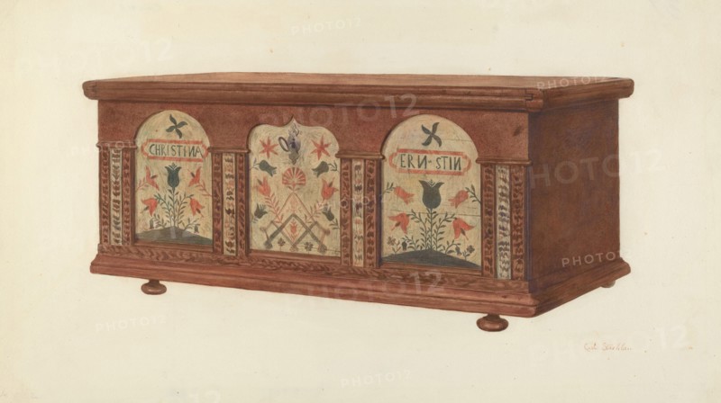 Dower Chest, c. 1940. (Note: Name Christina Ernstin on chest).
