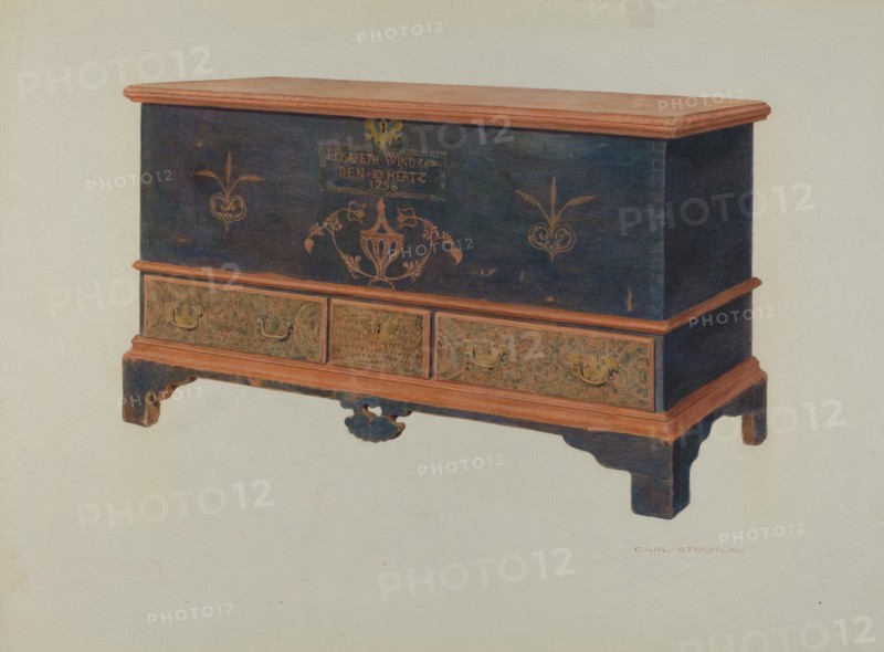 Pa. German Chest, 1939. (Note: Name, Elisabeth Wind..., itinerary ...den to Mertz, dated 1798).