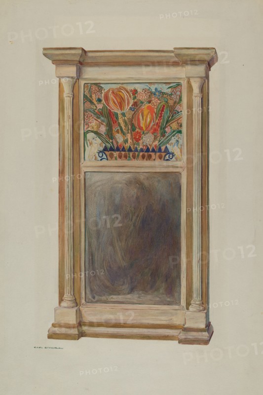 Looking Glass with Decorated Glass Panel, c. 1939.