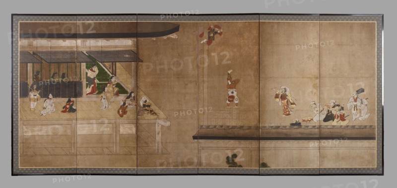 Six-fold screen depicting acrobats performing before a rich household, early - mid-17th century. Creator: Unknown.