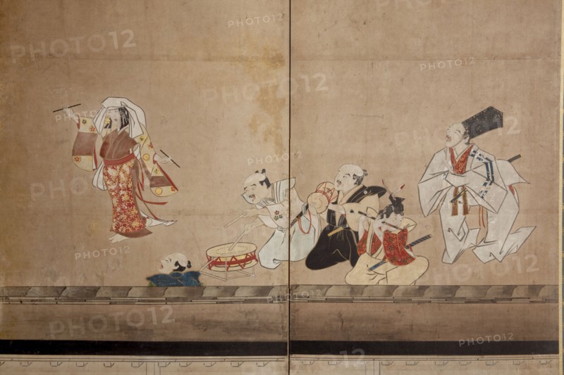 Six-fold screen depicting acrobats performing before a rich household, early - mid-17th century. Creator: Unknown.