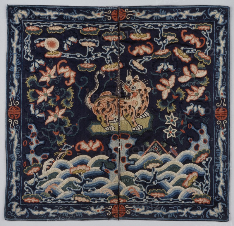 Rank badge of a military official of the fourth rank, with tiger, bats, and flowers, 19th century. Creator: Unknown.