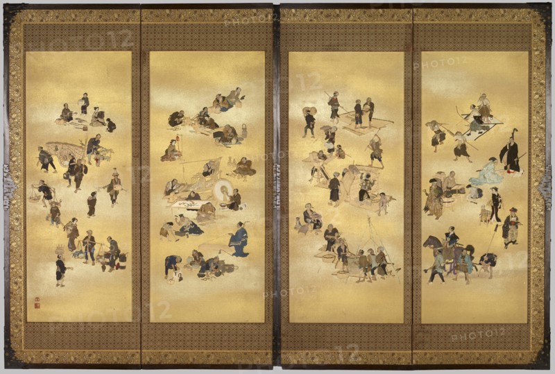 Screen depicting the four classes of Edo Japan, c. 1893 ; Meiji Period (1868 - 1912). Creator: Seppo.