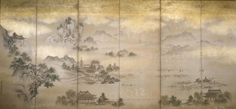 Six fold screen depicting views of Lake Xi Hu, late 17th century. Creator: Kano Joshin.