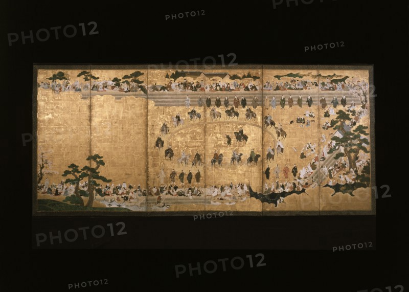 Six-fold screen depicting a military dog-chasing game, 17th century (1601 - 1700). Creator: Unknown.