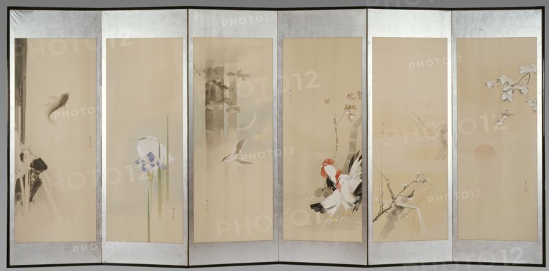 Six-fold screen depicting creatures and flowers of the twelve months, 1900. Creator: Watanabe Seitei.