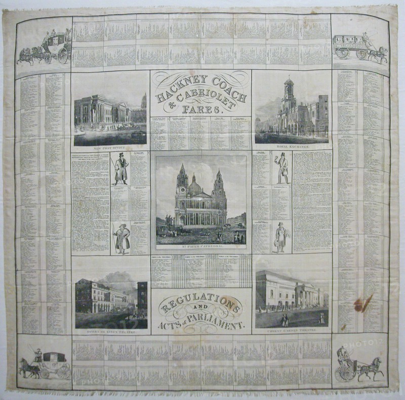 Hackney Coach and Cabriolet Fares/ Regulations and Acts of Parliament (Handkerchief), 1832. Creator: John Leander Bishop.