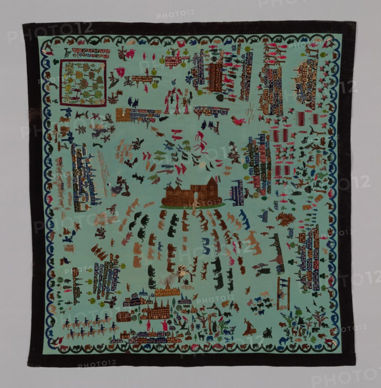 Bedcover Depicting Thirty-four Scenes from the Old and New Testaments, United States, 1880s. Creator: Unknown.