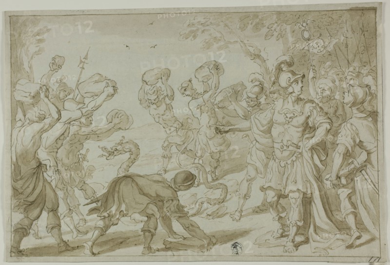 Roman Soldiers Stoning a Serpent, n.d. Creator: Abraham Bloemaert.