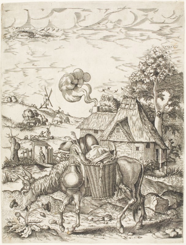 The Donkey Laden with Food, from Emblematic Figures of Animals, 1633. Creator: Adriaen van de Venne.