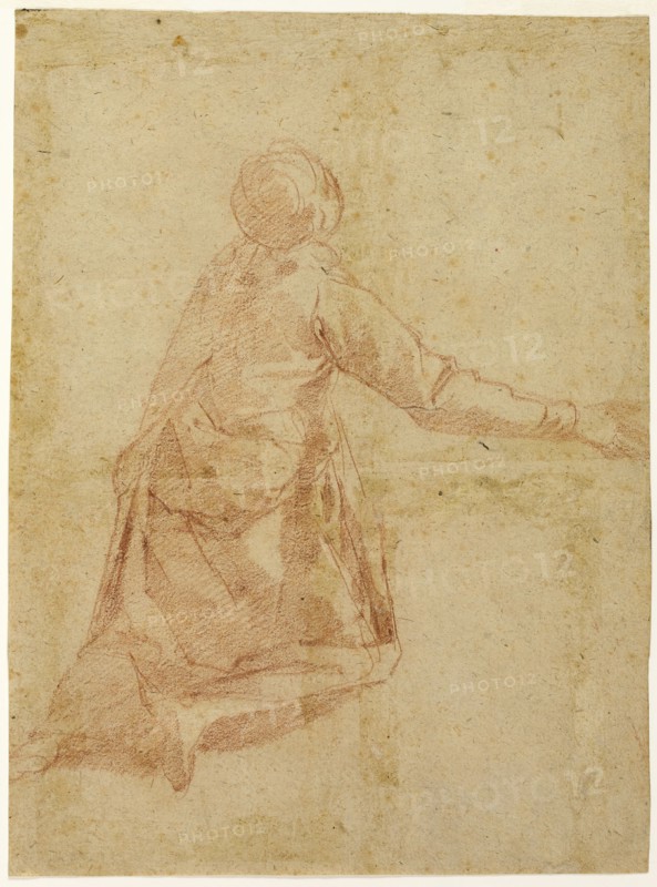 Kneeling Figure from the Back (recto); Three Half-length Studies of Veiled Female Figure..., 1595/16 Creator: Andrea Boscoli.
