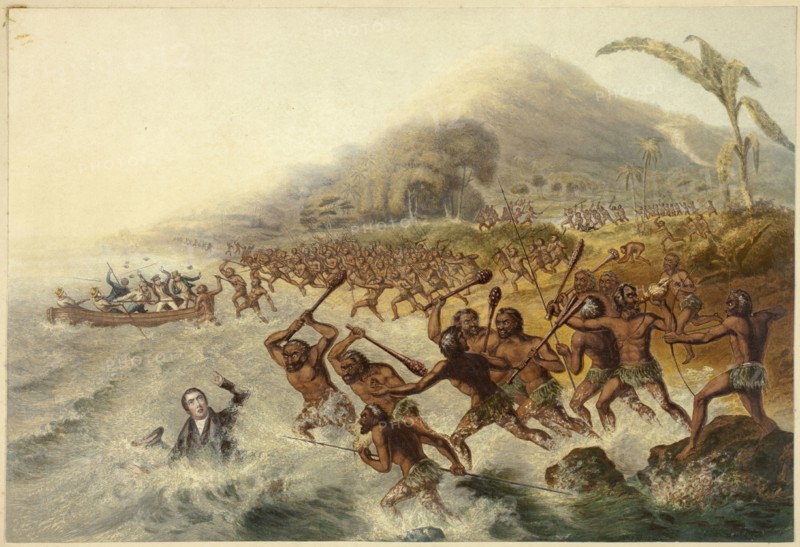 The Massacre of the Lamented Missionary the Rev. J. Williams and Mr. Harris, 1841. Creator: George Baxter.