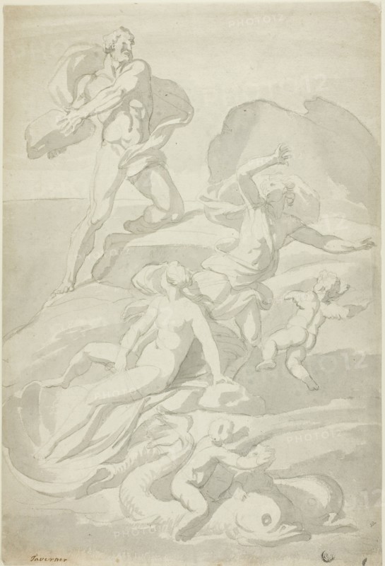 Polyphemus Throwing Boulder at Acis, with Galatea (recto), and Pholyphemus Lifting Boulder (verso). Creator: William Taverner.
