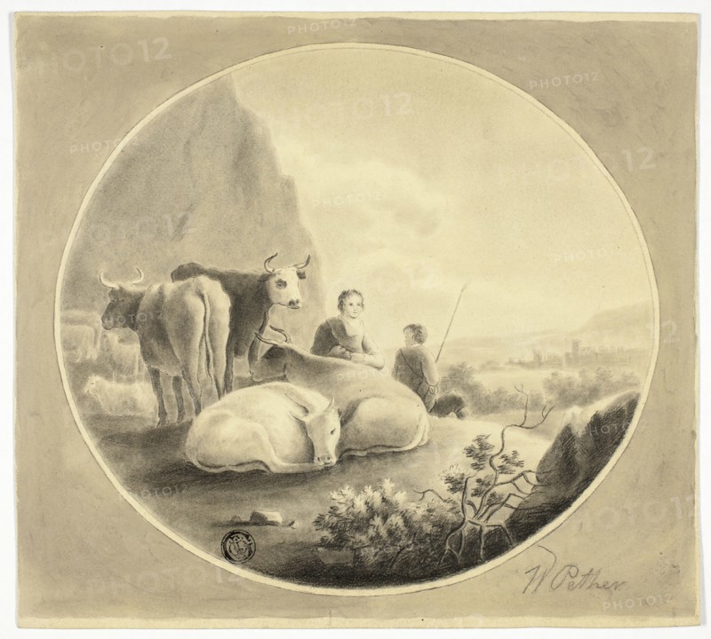 Herdsmen, Cows and Sheep in Landscape, n.d. Creator: William Pether.