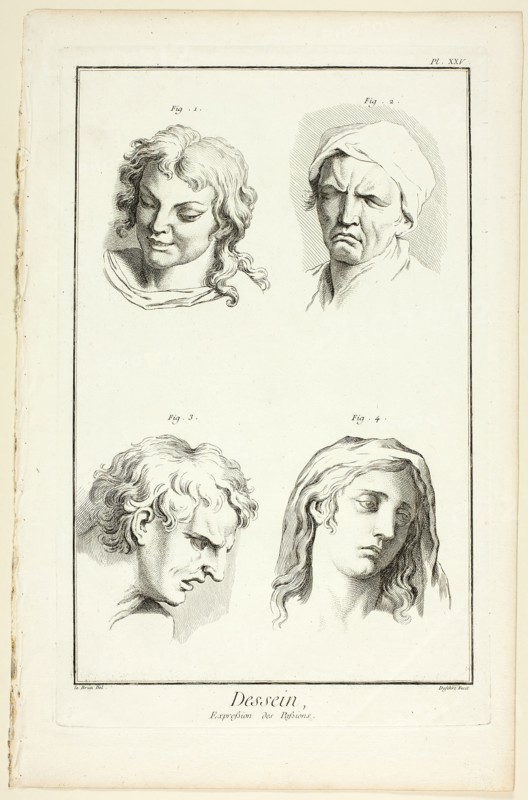 Drawing: Expressions of Emotion (Laughter, Weeping, Compassion, Sadness), from Encyclop..., 1762/77. Creator: A. J. Defehrt.